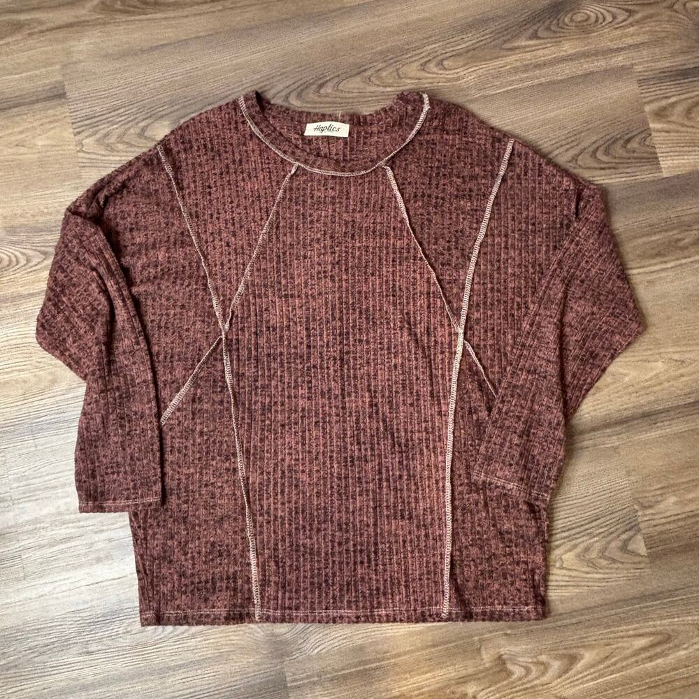 Haptics by Holly Harper 1X Acid Wash Ribbed Top Long Sleeve Mauve Burgundy Boho